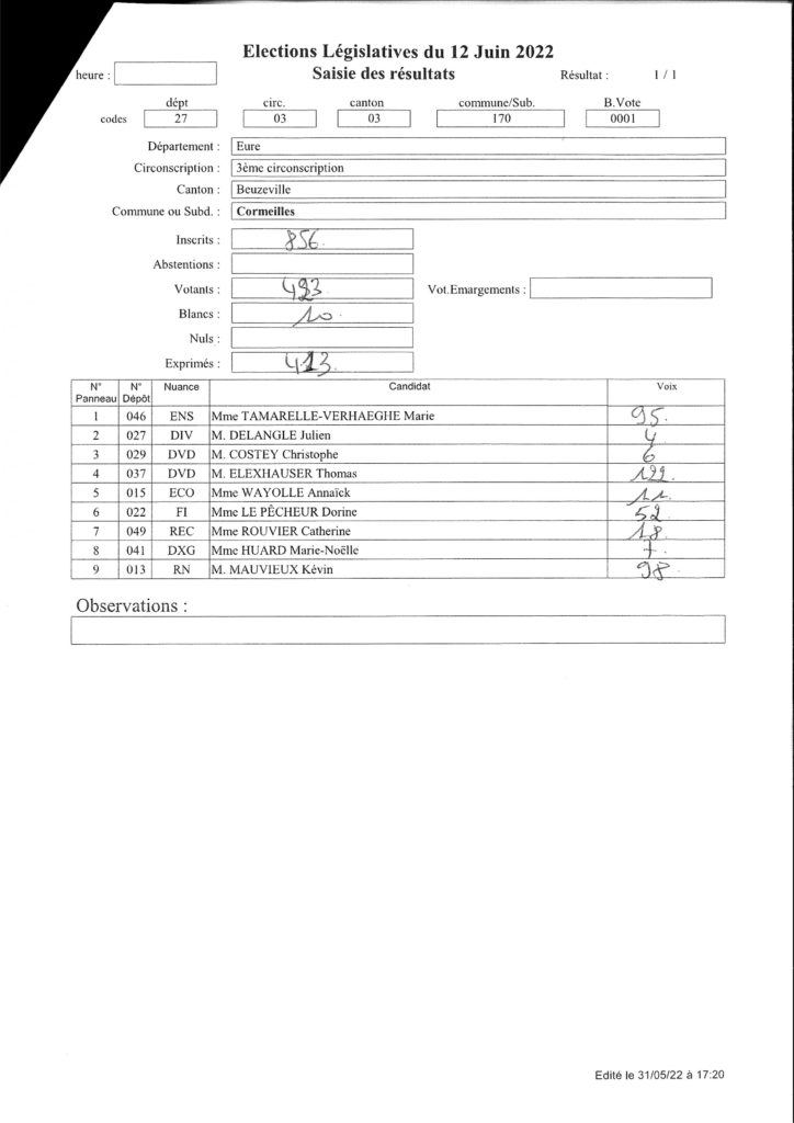 resultats 1er tour legislatives cormeilles